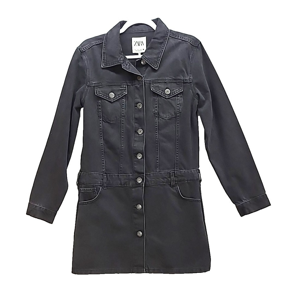 New Zara Black Wash Denim Mini Dress Sz L Button Front Zoe Biker Street Wear